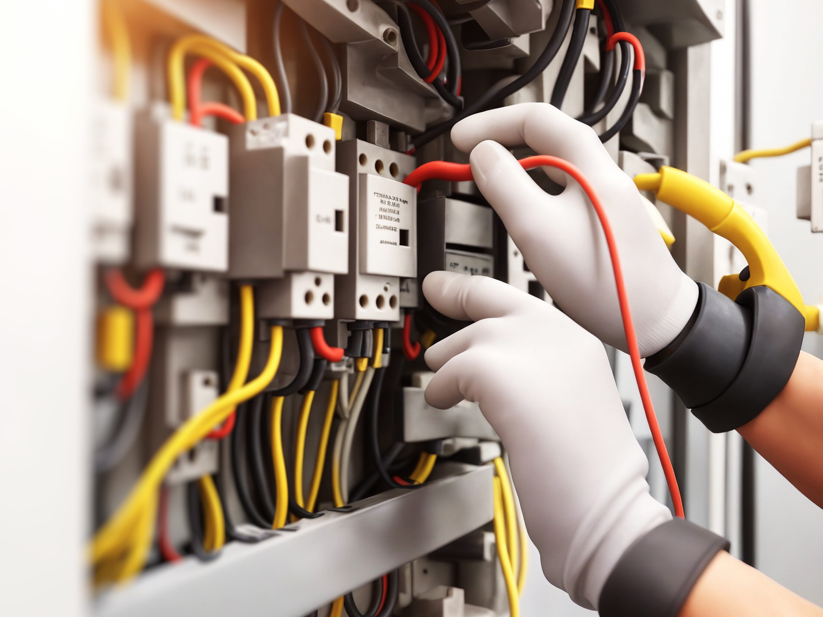 Comprehensive electrical safety maintenance and testing by skilled repairman. Technician inspecting voltage and circuit connections at the main power distribution board